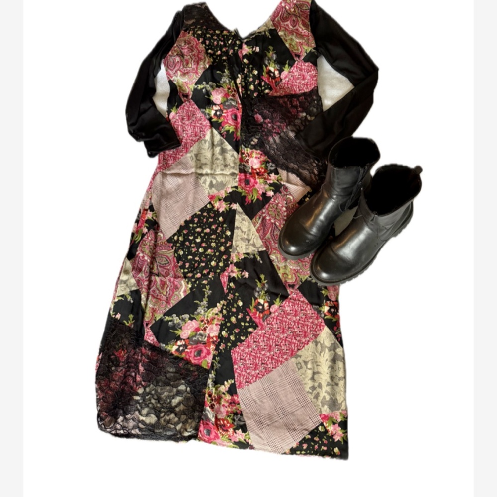Vintage 90s Patchwork Dress Lace Floral Whimsigoth Practical Magic Fairy Midi - Picture 2 of 5